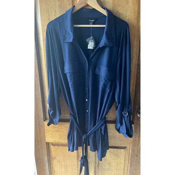 Beme Navy Utility Shirt XXXL Blouse Tab Sleeves & Tie - Picture 8 of 11